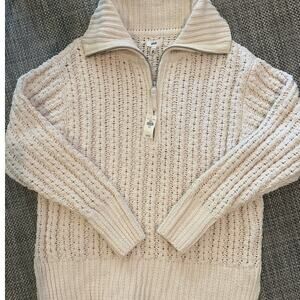 AERIE NWT Cable Car Quarter Zip Long Sleee Knit Sweater M Toasted Coconut Preppy